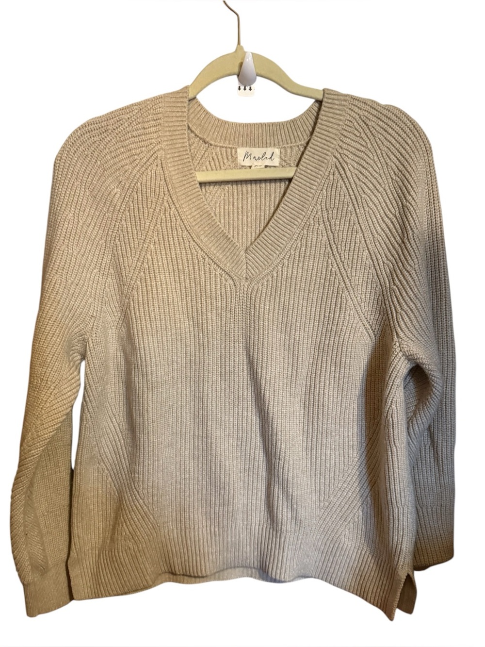 Marled Cream V-Neck Ribbed Sweater xs oversized soft long sleeve ladies top